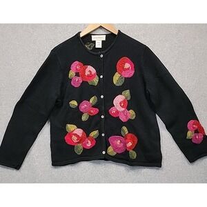 Vtg SUSAN BRISTOL Floral Hand Embroidery Beaded Cardigan Sweater XL Cottagecore